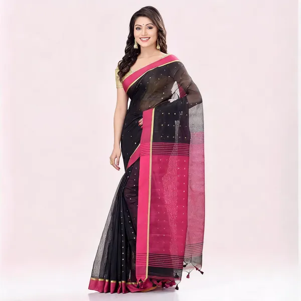 Black_Pink_Cotton_Solid_Woven_Saree_With_Blouse_For_Women
