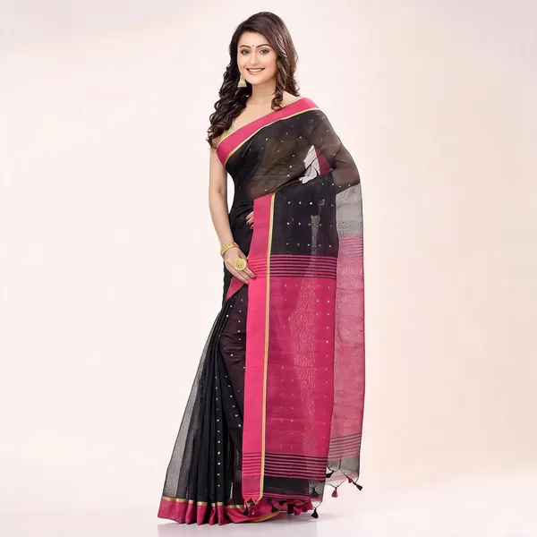 Black_Pink_Cotton_Solid_Woven_Saree_With_Blouse_For_Women