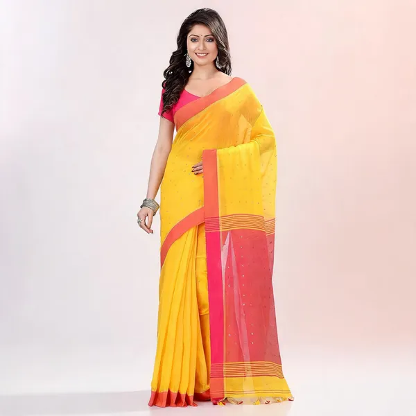 Yellow_Pink_Cotton_Handloom_Sequin_Woven_Saree_With_Blouse_For_Women