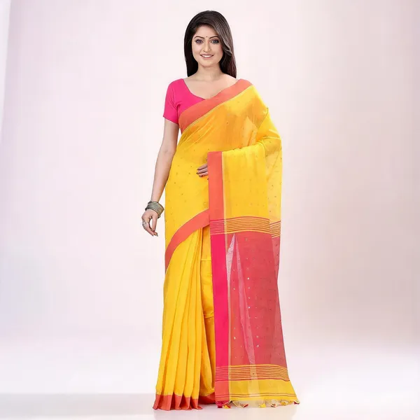 Yellow_Pink_Cotton_Handloom_Sequin_Woven_Saree_With_Blouse_For_Women