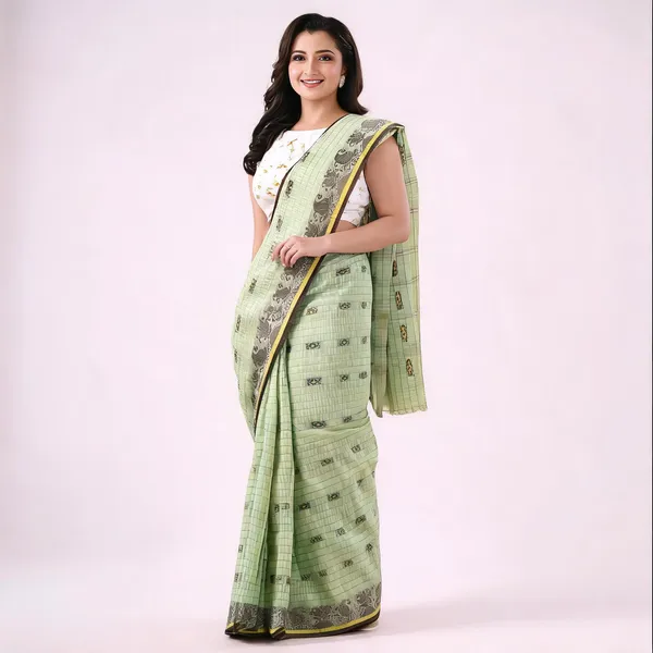 Green_Cotton_Handloom_Woven_Bengal_Tant_Saree_For_Women