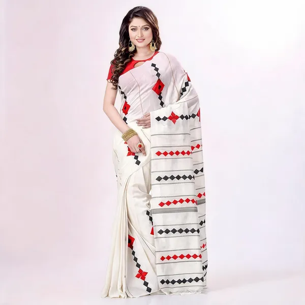 White_Cotton_Handloom_Solid_Saree_With_Blouse_For_Women