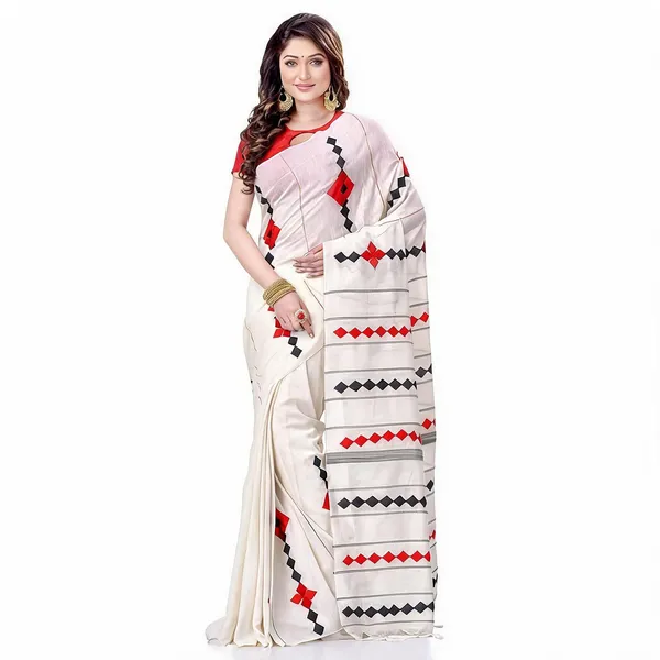 White_Cotton_Handloom_Solid_Saree_With_Blouse_For_Women