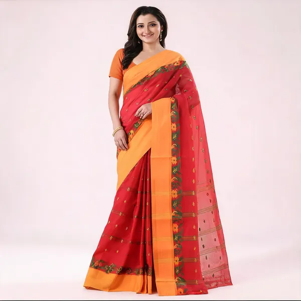 Red_Cotton_Handloom_Woven_Bengal_Tant_Saree_For_Women