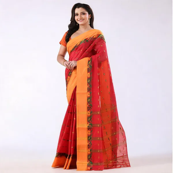 Red_Cotton_Handloom_Woven_Bengal_Tant_Saree_For_Women