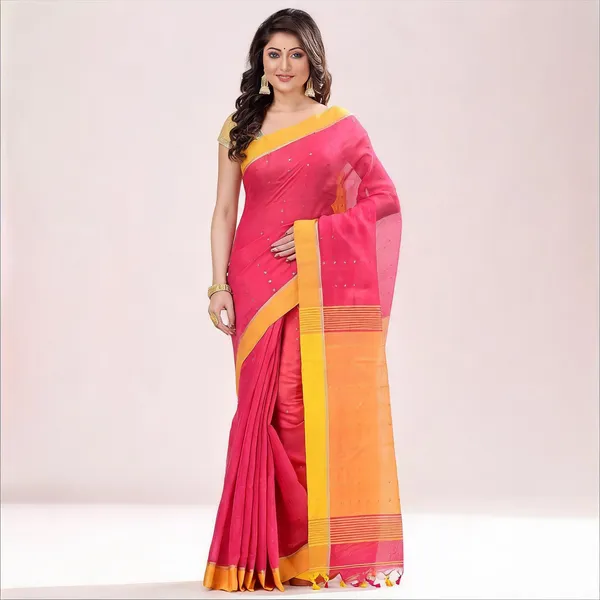 Pink_Yellow_Cotton_Handloom_Sequin_Woven_Saree_With_Blouse_For_Women