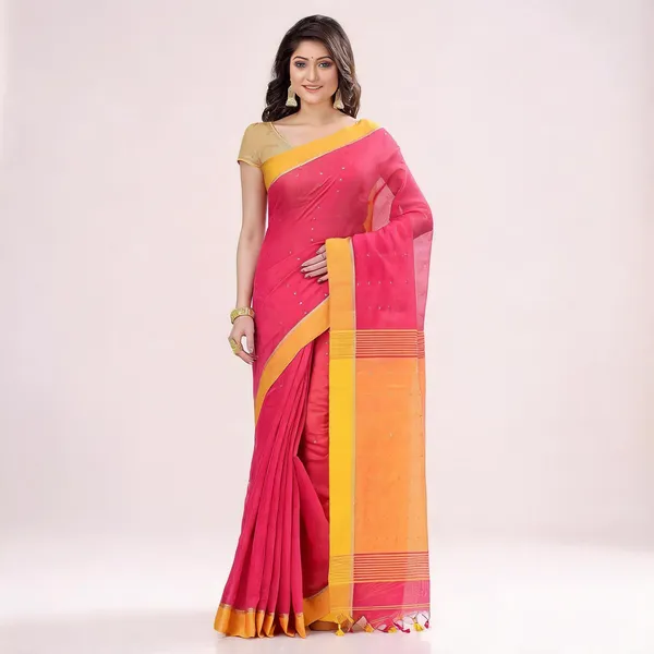 Pink_Yellow_Cotton_Handloom_Sequin_Woven_Saree_With_Blouse_For_Women