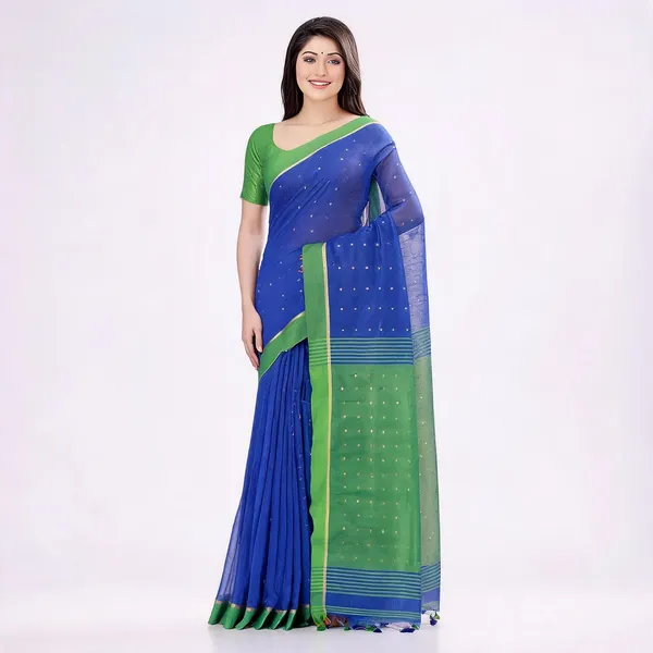 Deep_Blue_Green_Cotton_Handloom_Woven_Saree_With_Blouse_For_Women