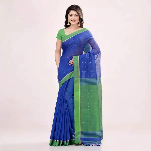 Deep_Blue_Green_Cotton_Handloom_Woven_Saree_With_Blouse_For_Women