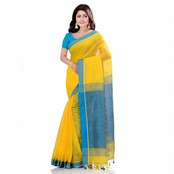 Yellow_Blue_Cotton_Handloom_Woven_Saree_With_Blouse_For_Women