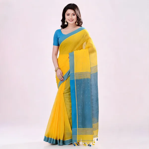 Yellow_Blue_Cotton_Handloom_Woven_Saree_With_Blouse_For_Women