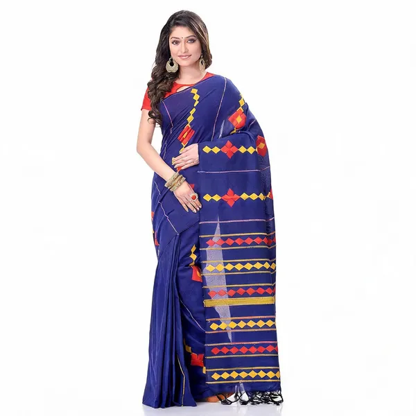 Blue_Cotton_Handloom_Bengal_Saree_With_Blouse_Piece_For_Women