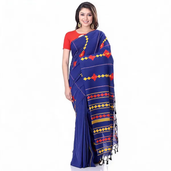 Blue_Cotton_Handloom_Bengal_Saree_With_Blouse_Piece_For_Women