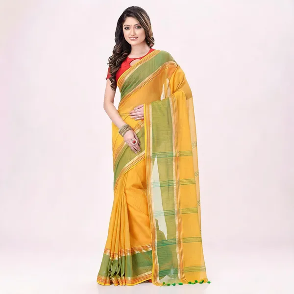 Yellow_Cotton_Handloom_Woven_Striped_Saree_With_Blouse_For_Women