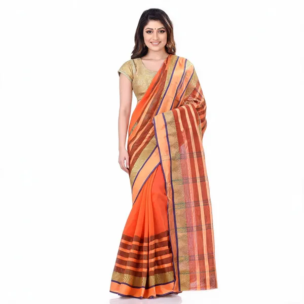 Orange_Green_Cotton_Handloom_Woven_Tant_Saree_For_Women