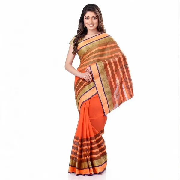 Orange_Green_Cotton_Handloom_Woven_Tant_Saree_For_Women