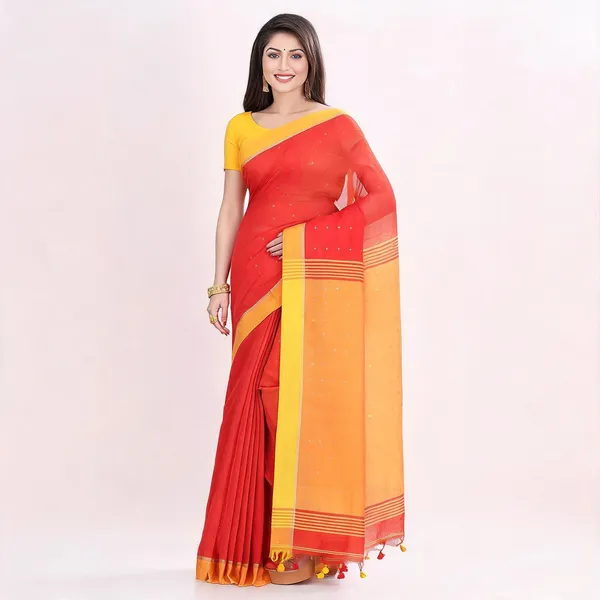 Red_Yellow_Cotton_Handloom_Sequin_Woven_Saree_With_Blouse_For_Women