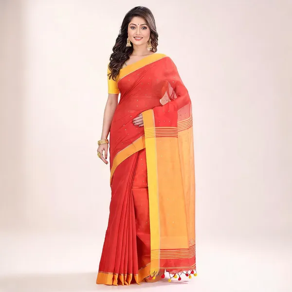 Red_Yellow_Cotton_Handloom_Sequin_Woven_Saree_With_Blouse_For_Women
