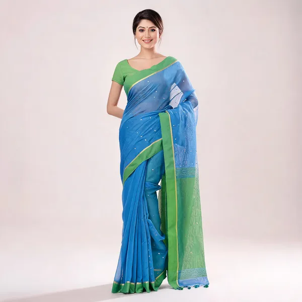Sky_Blue_Light_Green_Cotton_Handloom_Woven_Saree_With_Blouse_For_Women