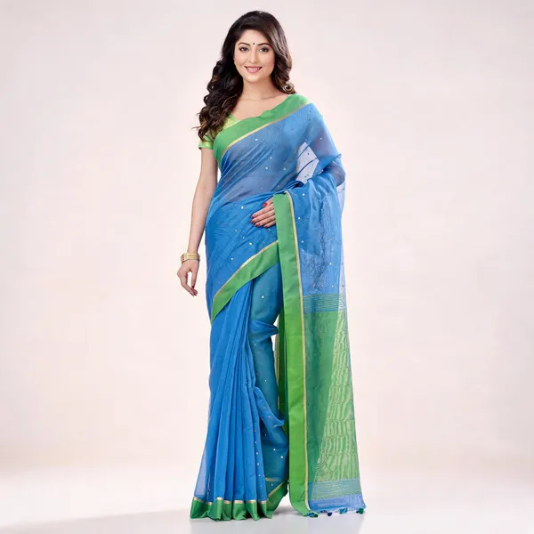 Sky_Blue_Light_Green_Cotton_Handloom_Woven_Saree_With_Blouse_For_Women
