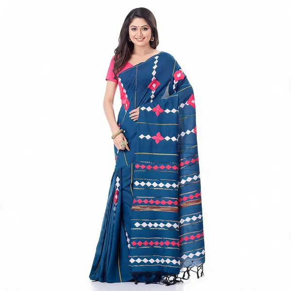 Prussian_Blue_Cotton_Handloom_Striped_Woven_Saree_With_Blouse_For_Women