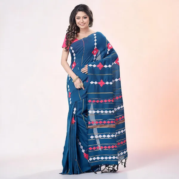 Prussian_Blue_Cotton_Handloom_Striped_Woven_Saree_With_Blouse_For_Women