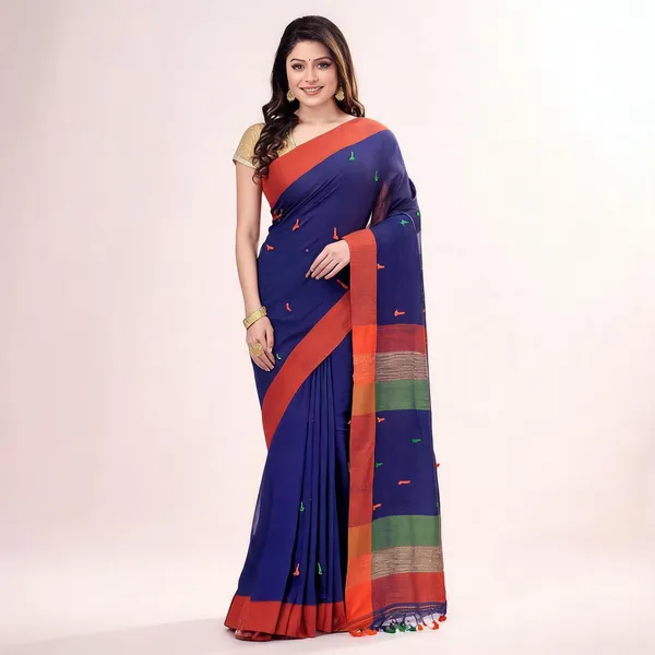 Blue_Cotton_Tant_Woven_Saree_With_Blouse_For_Women