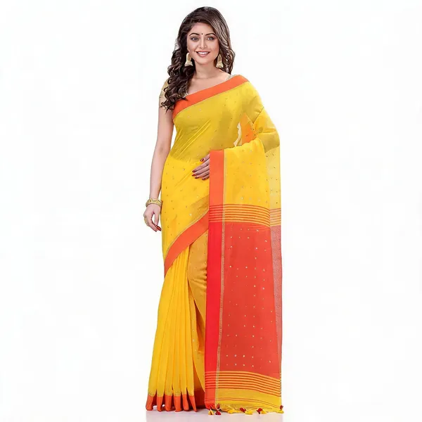 Yellow_Red_Cotton_Handloom_Sequin_Woven_Saree_With_Blouse_For_Women