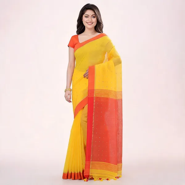 Yellow_Red_Cotton_Handloom_Sequin_Woven_Saree_With_Blouse_For_Women