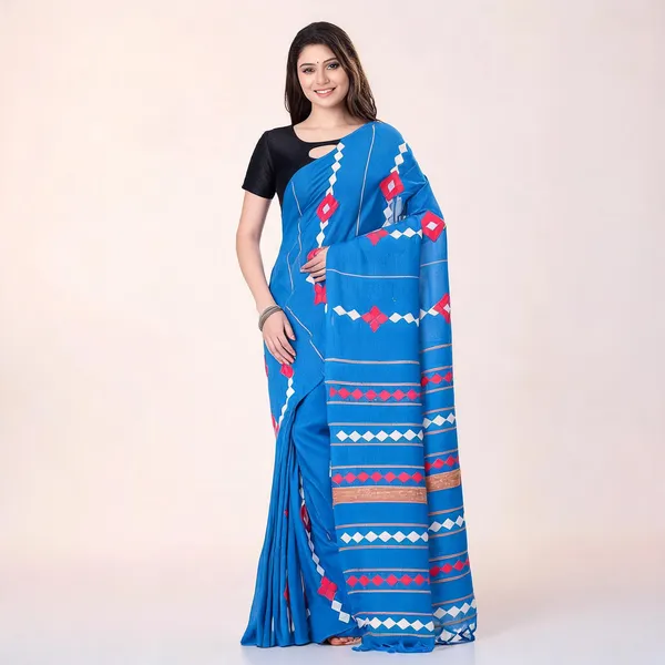 Sky_Blue_Cotton_Handloom_Striped_Saree_With_Blouse_Piece_For_Women