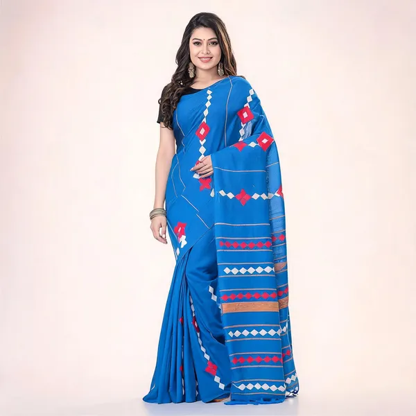 Sky_Blue_Cotton_Handloom_Striped_Saree_With_Blouse_Piece_For_Women