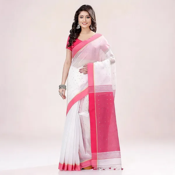 White_Pink_Cotton_Handloom_Woven_Saree_With_Blouse_For_Women