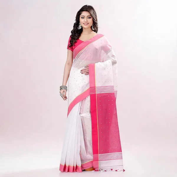 White_Pink_Cotton_Handloom_Woven_Saree_With_Blouse_For_Women