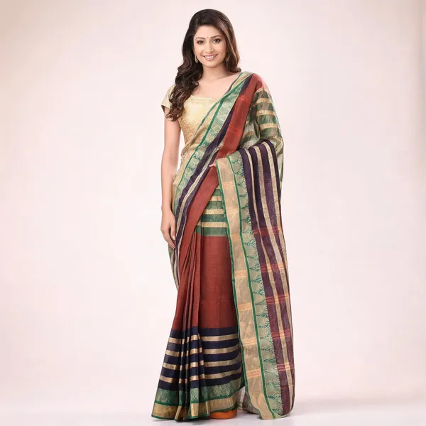 Brown_Green_Cotton_Handloom_Woven_Bengal_Tant_Saree_For_Women