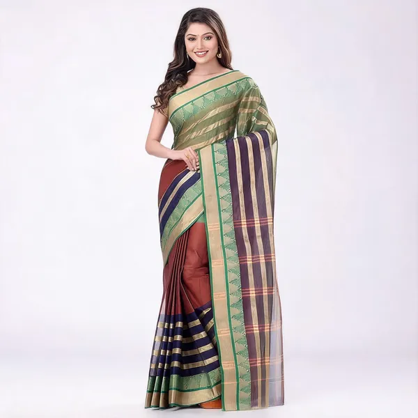 Brown_Green_Cotton_Handloom_Woven_Bengal_Tant_Saree_For_Women