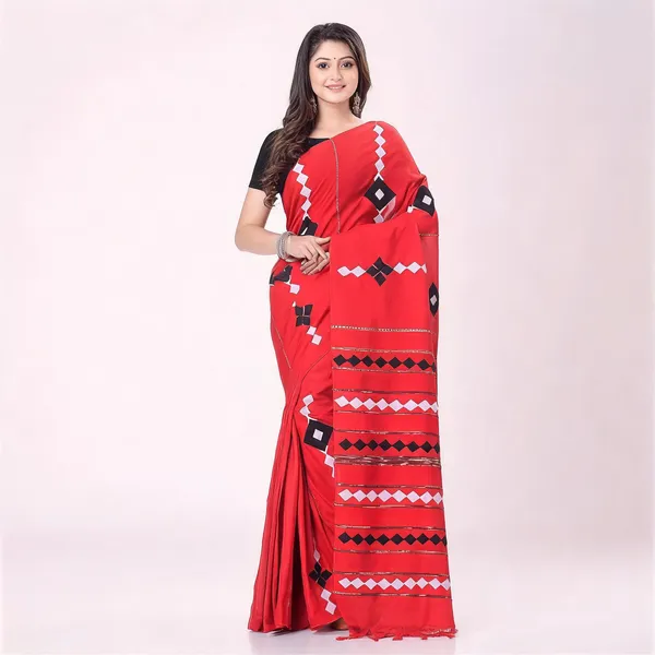 Red_Cotton_Handloom_Solid_Woven_Saree_With_Blouse_For_Women