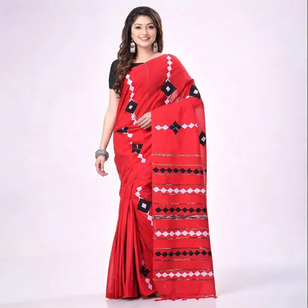 Red_Cotton_Handloom_Solid_Woven_Saree_With_Blouse_For_Women
