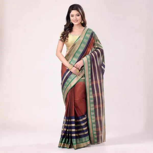 Brown_Green_Cotton_Striped_Woven_Tant_Saree_For_Women