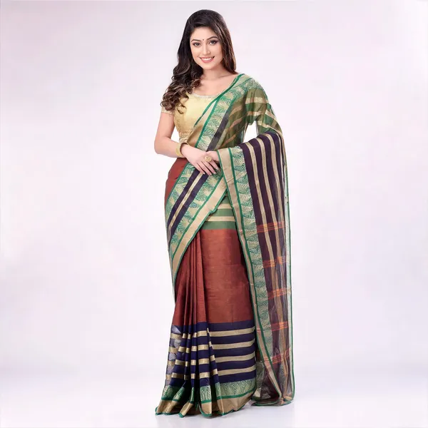 Brown_Green_Cotton_Striped_Woven_Tant_Saree_For_Women