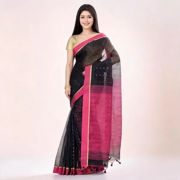 Black_Pink_Cotton_Solid_Sequins_Saree_With_Blouse_Piece_For_Women