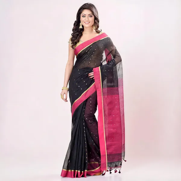 Black_Pink_Cotton_Solid_Sequins_Saree_With_Blouse_Piece_For_Women