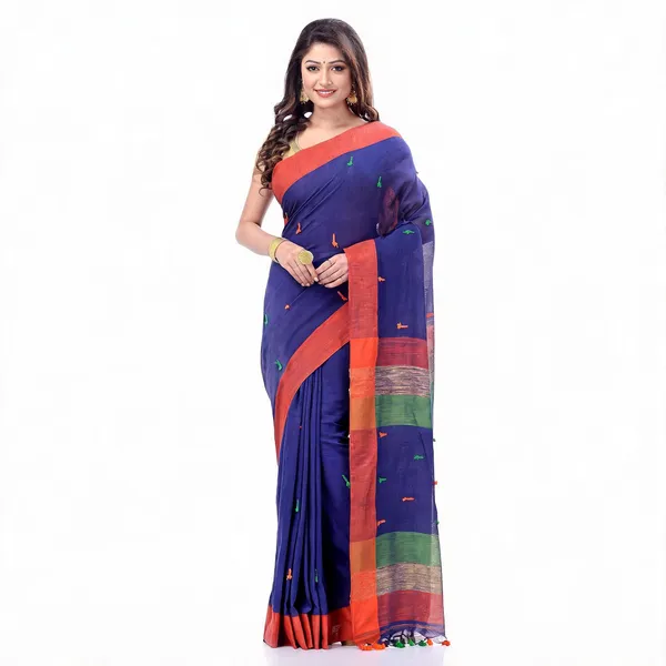 Blue_Cotton_Woven_Tant_Saree_With_Blouse_For_Women