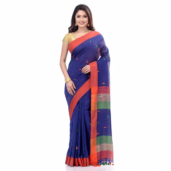 Blue_Cotton_Woven_Tant_Saree_With_Blouse_For_Women