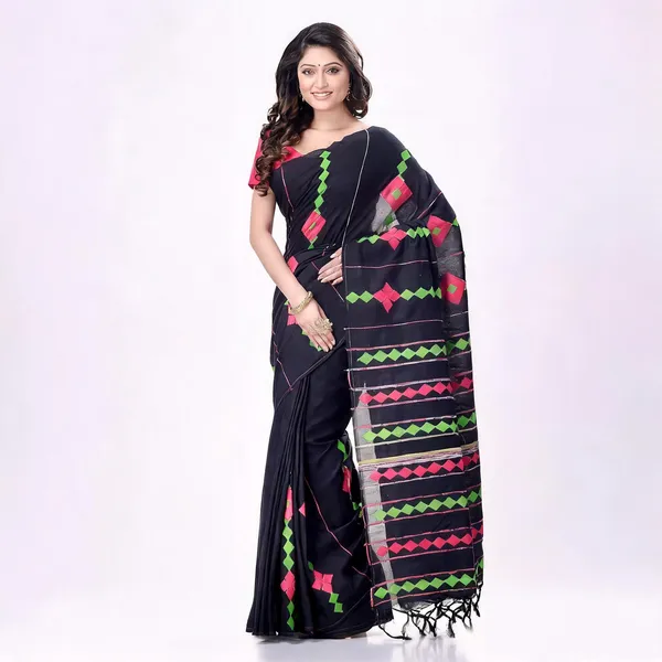 Black_Cotton_Striped_Jamdani_Handloom_Saree_With_Blouse_For_Women