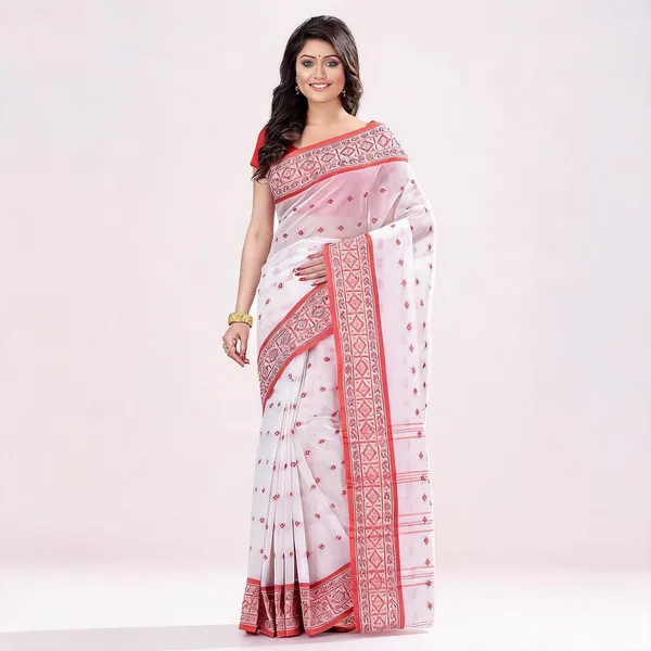 White_Red_Cotton_Bengal_Handloom_Woven_Saree_For_Women