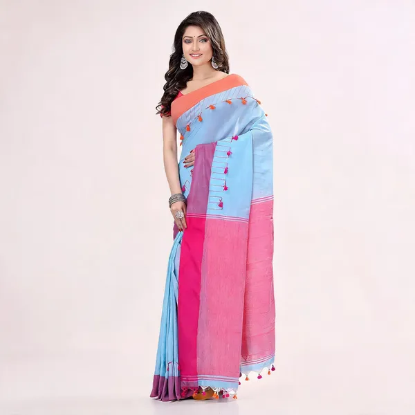 Sky_Blue_Pink_Cotton_Handloom_Pompom_Saree_For_Women