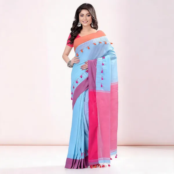 Sky_Blue_Pink_Cotton_Handloom_Pompom_Saree_For_Women