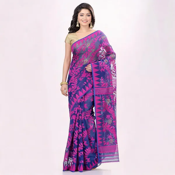 Purple_Deep_Blue_Cotton_Floral_Dhakai_Jamdani_Saree_For_Women