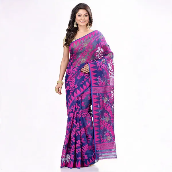 Purple_Deep_Blue_Cotton_Floral_Dhakai_Jamdani_Saree_For_Women