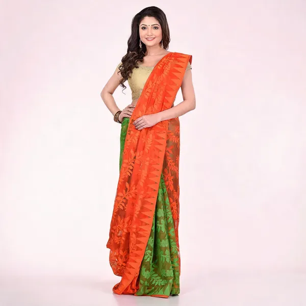 Orange_Green_Cotton_Floral_Dhakai_Jamdani_Saree_For_Women